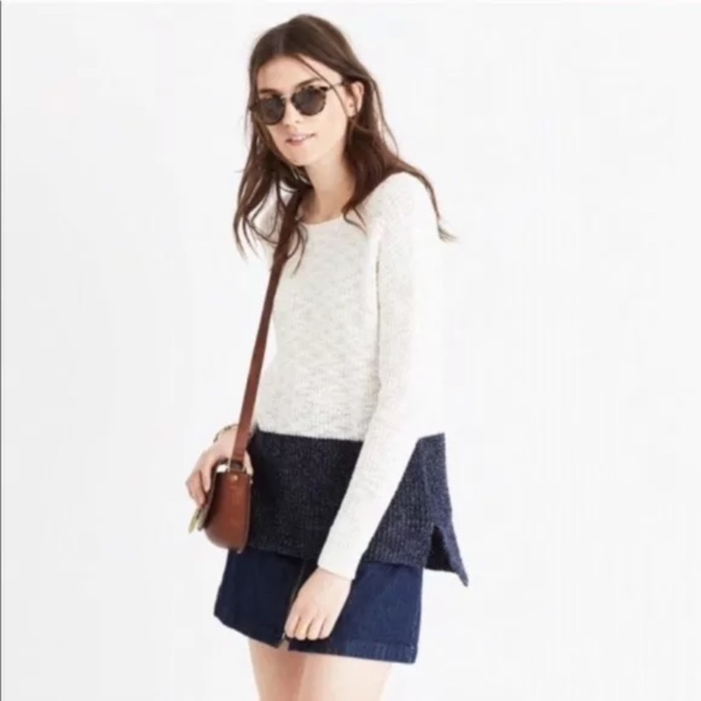 Madewell Eastbank Pullover Sweater Color Block Open Knit Off White Navy Medium M